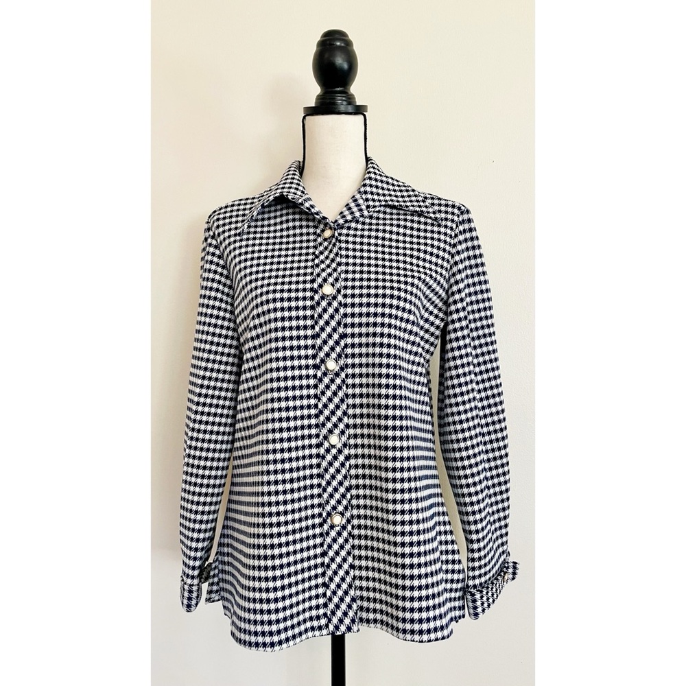 Vintage 70s Navy Blue Houndstooth Dagger Collar Blouse